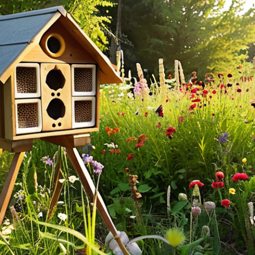 Home 4 **
A vibrant wildflower meadow filled with diverse native plants, buzzing with bees, butterflies, and other pollinators. In the background, a small, charming insect hotel stands, constructed from natural materials like wood, bamboo, and straw. Sunlight streams through the scene, highlighting the colors and textures of the flora and fauna. Focus on capturing the feeling of a thriving, biodiverse ecosystem.
**