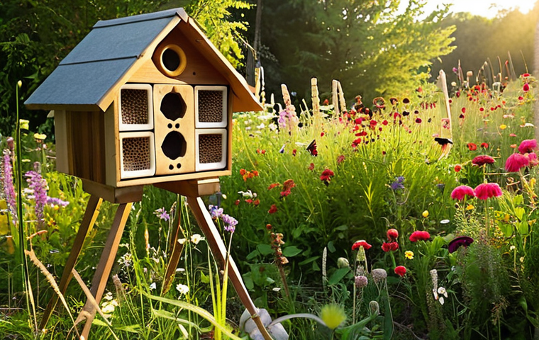 **
A vibrant wildflower meadow filled with diverse native plants, buzzing with bees, butterflies, and other pollinators. In the background, a small, charming insect hotel stands, constructed from natural materials like wood, bamboo, and straw. Sunlight streams through the scene, highlighting the colors and textures of the flora and fauna. Focus on capturing the feeling of a thriving, biodiverse ecosystem.
**