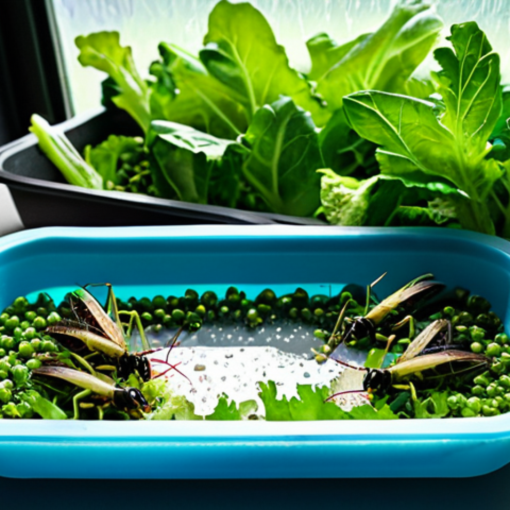Cricket Farm - Hydration & Greens**

"Close-up shot of a cricket farm, focus on a section with water source and fresh greens. Crickets are actively feeding on small pieces of apple and romaine lettuce, and drinking from water beads covered with breathable fabric in a shallow dish. The enclosure is clean and well-lit. safe for work, appropriate content, fully clothed (crickets), professional, perfect anatomy (crickets), natural proportions (crickets), high-quality insect photography, bright and natural lighting, family-friendly."

**
