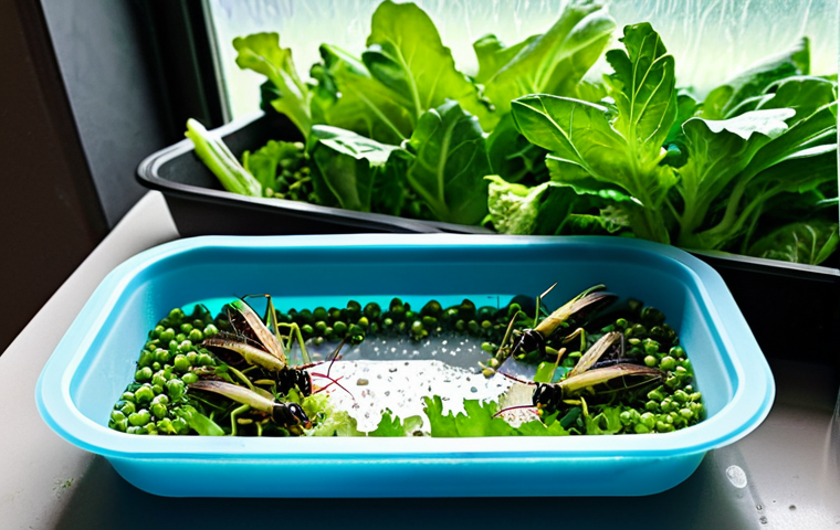 Cricket Farm - Hydration & Greens**
"Close-up shot of a cricket farm, focus on a section with water source and fresh greens. Crickets are actively feeding on small pieces of apple and romaine lettuce, and drinking from water beads covered with breathable fabric in a shallow dish. The enclosure is clean and well-lit. safe for work, appropriate content, fully clothed (crickets), professional, perfect anatomy (crickets), natural proportions (crickets), high-quality insect photography, bright and natural lighting, family-friendly."
**