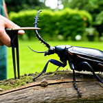 **

"A close-up photograph of a stag beetle enthusiast, fully clothed in appropriate gardening attire, carefully observing a stag beetle in their garden. The beetle is perched on a piece of decaying wood. Focus on the beetle's anatomical details with perfect anatomy and correct proportions. Background features lush greenery and gardening tools. Safe for work, appropriate content, family-friendly, professional photography, high quality."

**