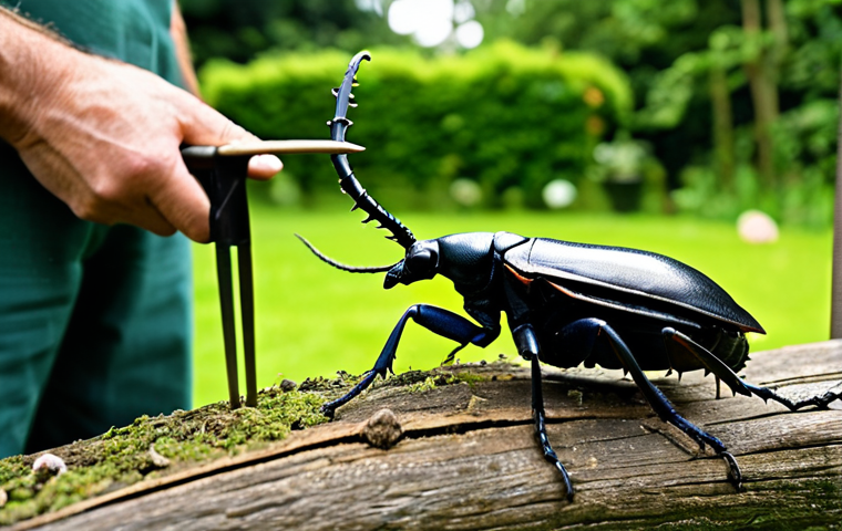**

"A close-up photograph of a stag beetle enthusiast, fully clothed in appropriate gardening attire, carefully observing a stag beetle in their garden. The beetle is perched on a piece of decaying wood. Focus on the beetle's anatomical details with perfect anatomy and correct proportions. Background features lush greenery and gardening tools. Safe for work, appropriate content, family-friendly, professional photography, high quality."

**