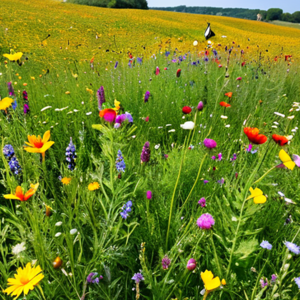 곤충과 관련된 사회적 편견 - **Image:** A field of wildflowers being pollinated by various insects (bees, butterflies, flies) in ...