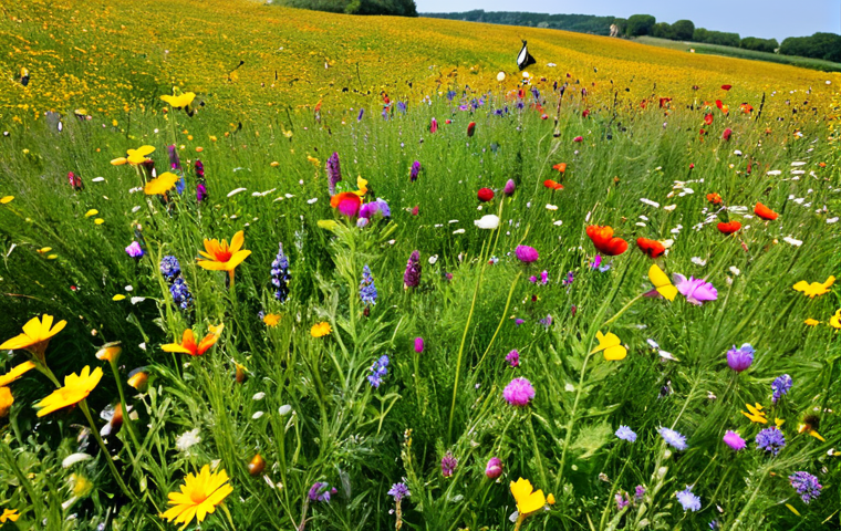 곤충과 관련된 사회적 편견 - **Image:** A field of wildflowers being pollinated by various insects (bees, butterflies, flies) in ...