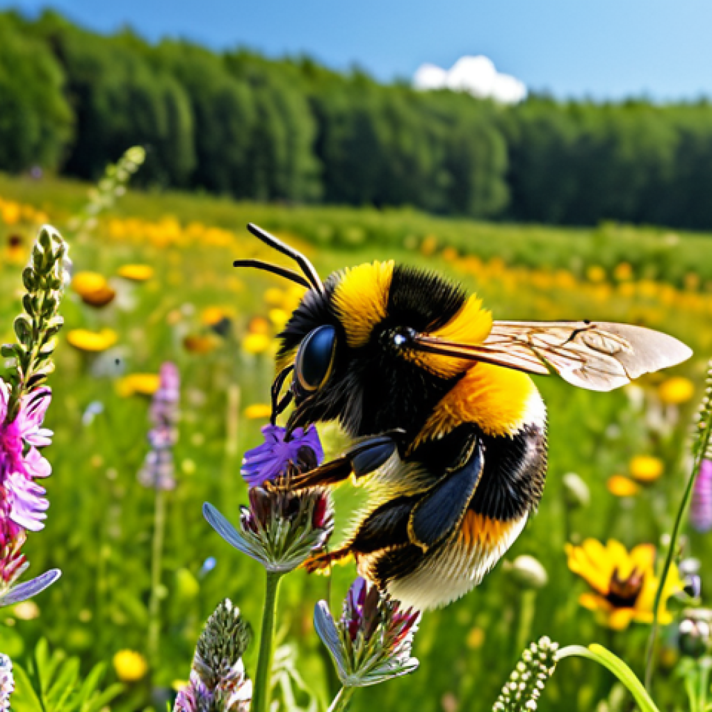 곤충의 화분매개 작용과 농업 - **Bumblebee on a Wildflower Meadow:** "A vibrant bumblebee, fully clothed in its natural furry coat,...