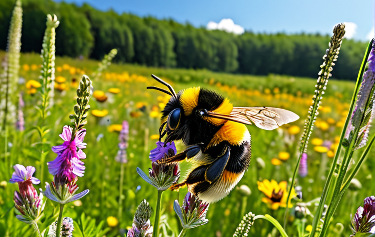 곤충의 화분매개 작용과 농업 - **Bumblebee on a Wildflower Meadow:** "A vibrant bumblebee, fully clothed in its natural furry coat,...