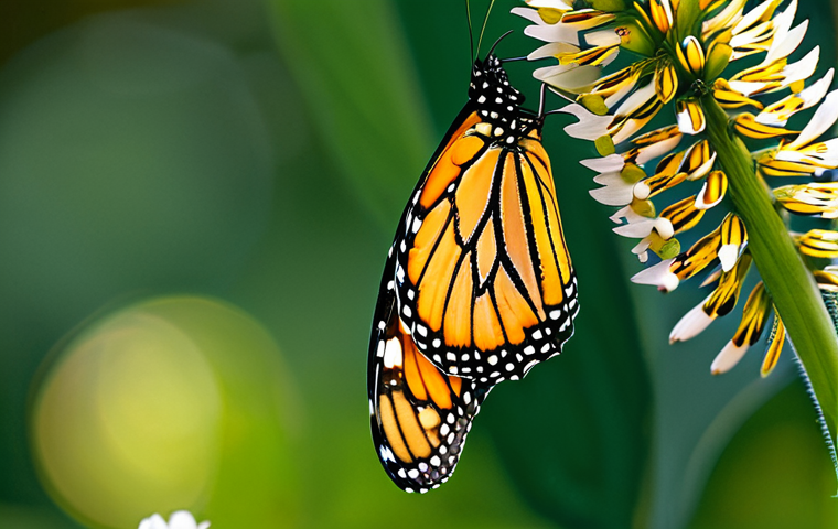 곤충 성장 단계 - Insect Emergence**

"Close-up professional photograph of a monarch butterfly emerging from its chrys...