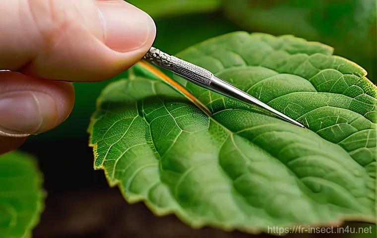 곤충의 알 채집 및 보관법 - **Prompt:** A close-up, highly detailed macro photograph of an entomologist's hands, wearing light-c...