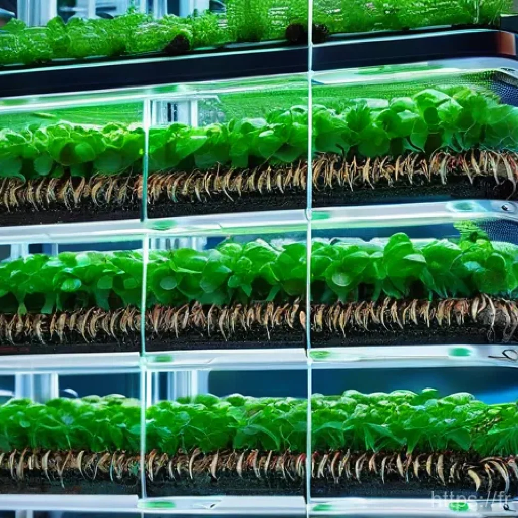 곤충 사육장 자동화 기술 - **Prompt:** A futuristic, highly automated indoor vertical farm for insects. The scene features rows...