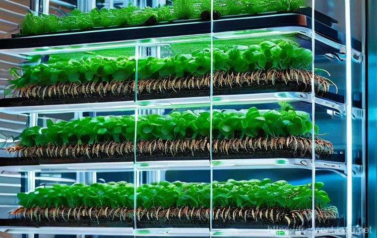 곤충 사육장 자동화 기술 - **Prompt:** A futuristic, highly automated indoor vertical farm for insects. The scene features rows...