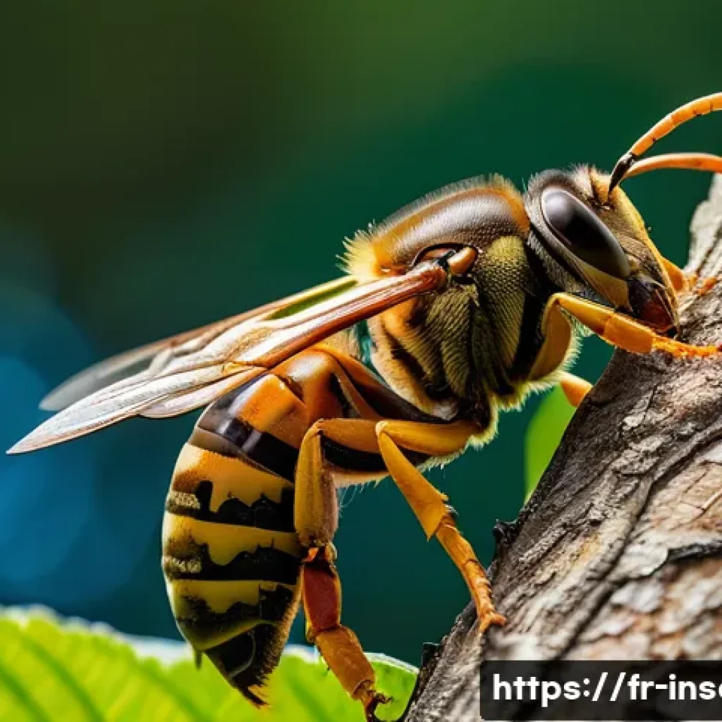 곤충 독성 안전 가이드 - A detailed close-up of a European hornet (Vespa crabro) perched on a tree branch in a French forest,...