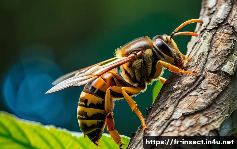 곤충 독성 안전 가이드 - A detailed close-up of a European hornet (Vespa crabro) perched on a tree branch in a French forest,...