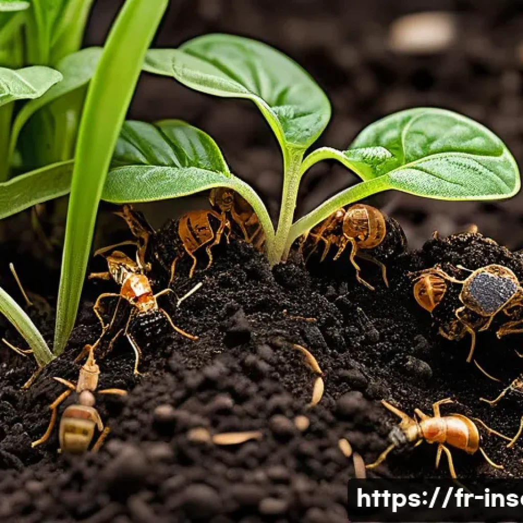 곤충을 이용한 천연비료 - A detailed close-up of decomposer insects like beetles and fly larvae actively breaking down organic...
