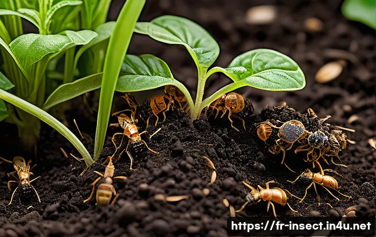 곤충을 이용한 천연비료 - A detailed close-up of decomposer insects like beetles and fly larvae actively breaking down organic...