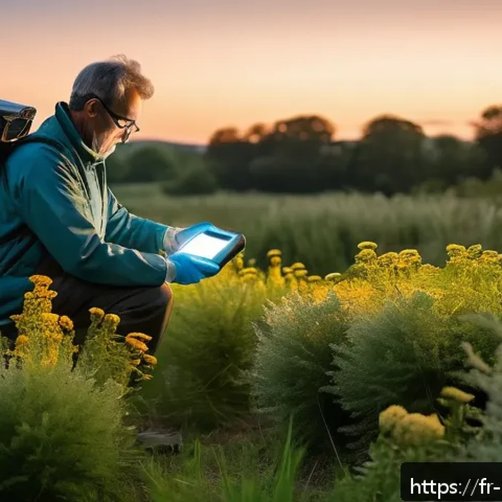 곤충 관련 학술 대회 정보 - A detailed scientific field scene showing an entomologist in a European rural landscape at dusk, usi...