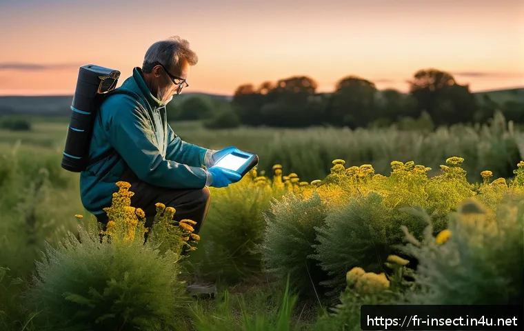 곤충 관련 학술 대회 정보 - A detailed scientific field scene showing an entomologist in a European rural landscape at dusk, usi...