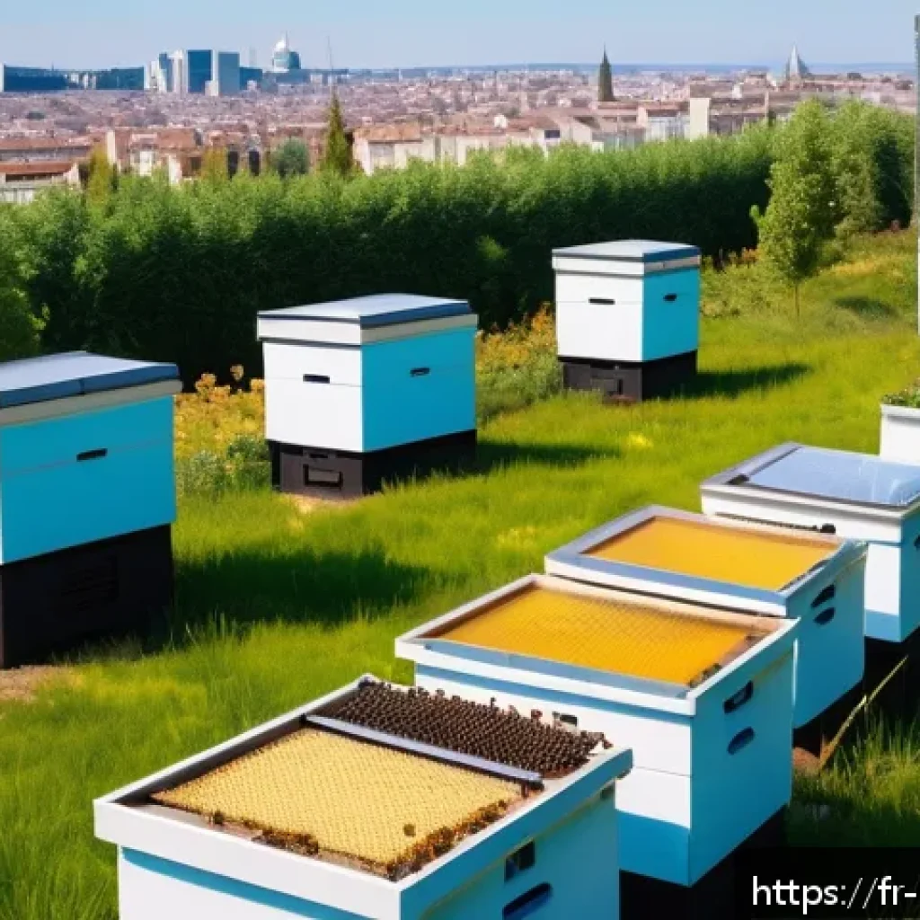 곤충을 활용한 바이오 기술 - A futuristic urban apiary scene showing high-tech beehives equipped with digital sensors and LED ind...