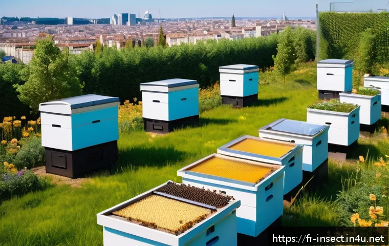 곤충을 활용한 바이오 기술 - A futuristic urban apiary scene showing high-tech beehives equipped with digital sensors and LED ind...