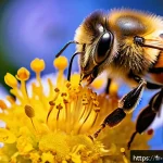 곤충의 생태계 역할 - A vibrant and detailed close-up of a European honeybee wearing fine protective fur, delicately colle...