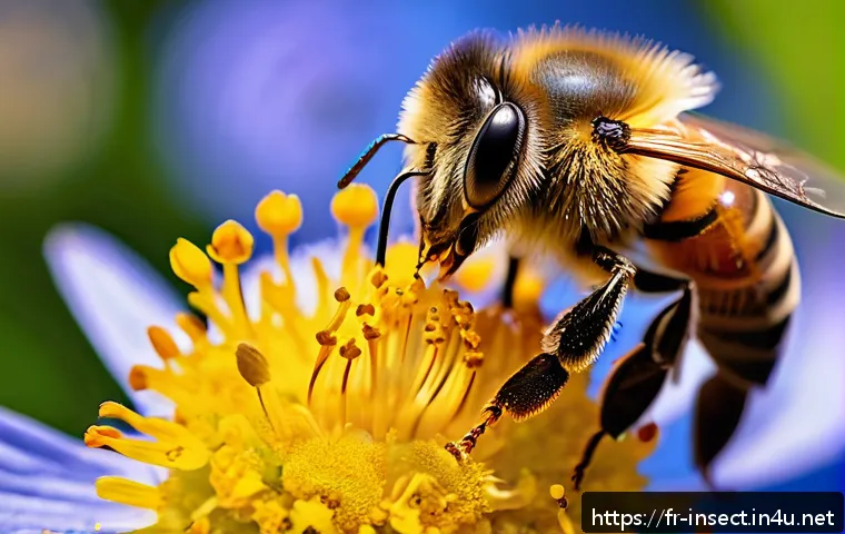 곤충의 생태계 역할 - A vibrant and detailed close-up of a European honeybee wearing fine protective fur, delicately colle...
