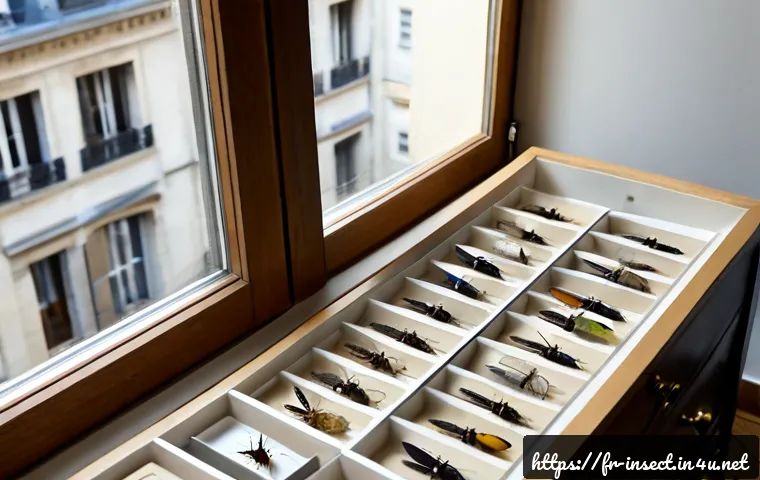 곤충 박제 보관법 - Photorealistic French entomology workspace, carefully preserved insect specimens secured with delica...