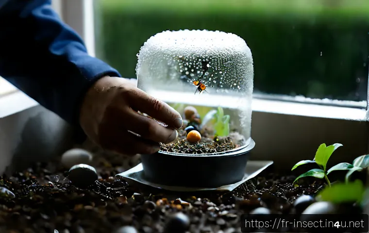 Home 17 곤충 번식 실패 원인 - Photorealistic macro scene of a small European home insect-breeding terrarium with condensation-cove...