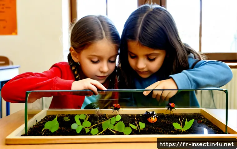 Home 17 곤충 학습 프로그램 - Photorealistic educational insect learning activity in a bright French primary school classroom, two...
