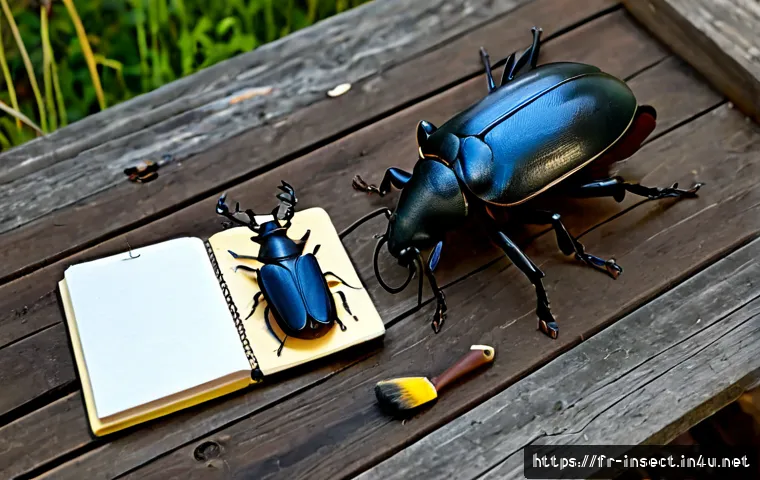 사슴벌레 채집 도구 - Photorealistic flat lay of ethical stag beetle observation tools on a rustic wooden table in a Frenc...